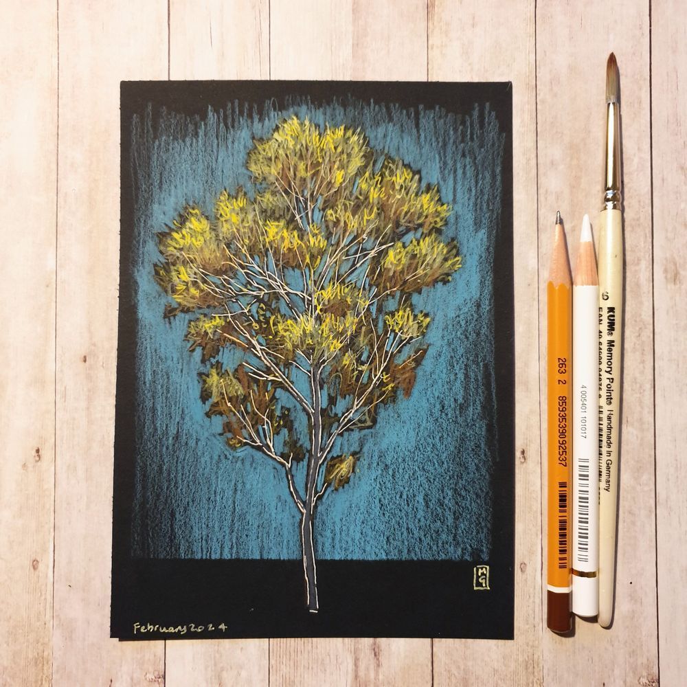 A colour drawing on black paper of a yellow leafed slender autumn tree.
An original art work
Colour pencil and mixed media on acid free toned artist paper
5 by 7 inches (12.7 by 17.8 cm). This is a standard photo size in the UK and USA and should be easy to DIY frame.
Sold unframed
