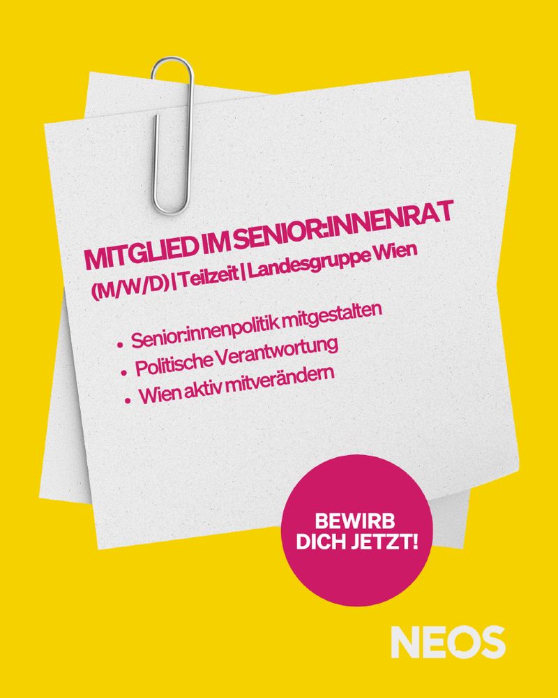 Gelber Hintergrund mit Notizzetteln und Text: „Mitglied im Senior:innenrat (M/W/D) Teilzeit Landesgruppe Wien. Bewirb dich jetzt!“