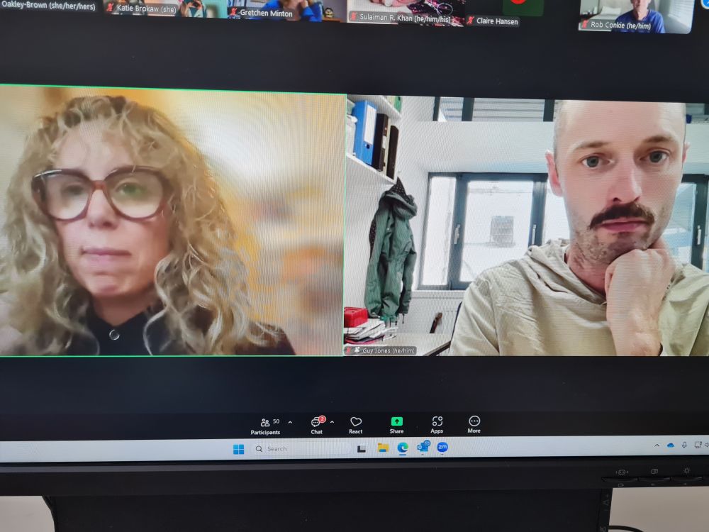 A screenshot of Michelle Terry and Guy Jones from Shakespeare's Globe, London