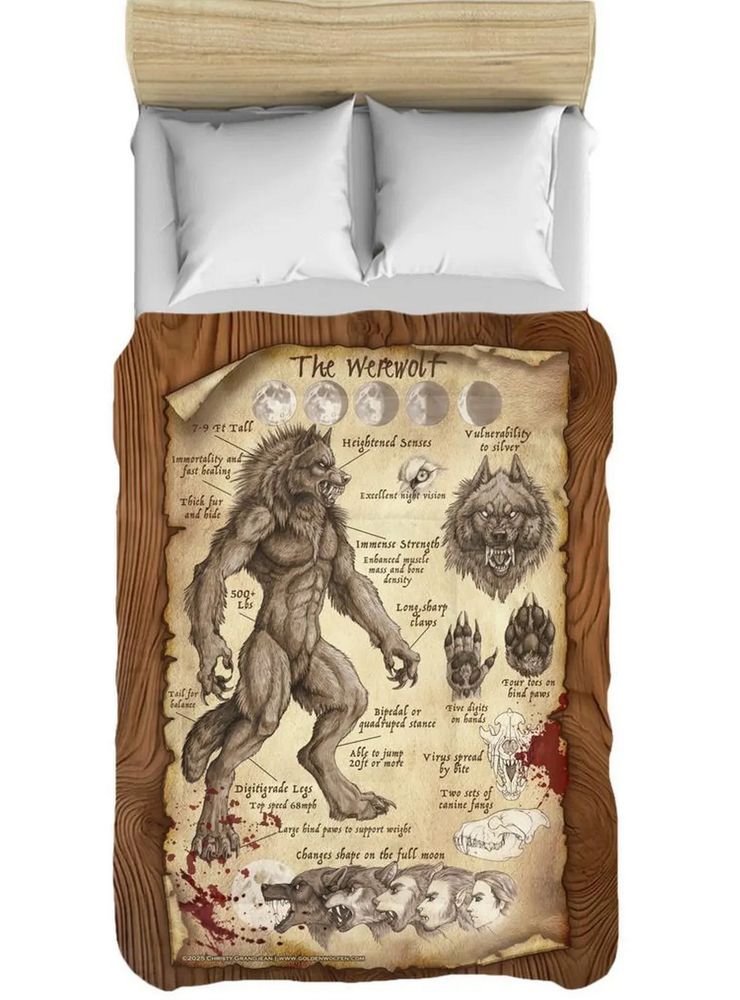 Mockup of a comforter with a werewolf study design on it
