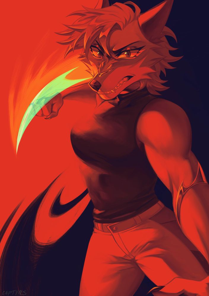 My character Vicidia, an anthro wolf-like woman, painted in a limited color palette with the main color being red. It looks like she is about to strike the viewer, her arm reared back and her holo-blade bright above her fist.