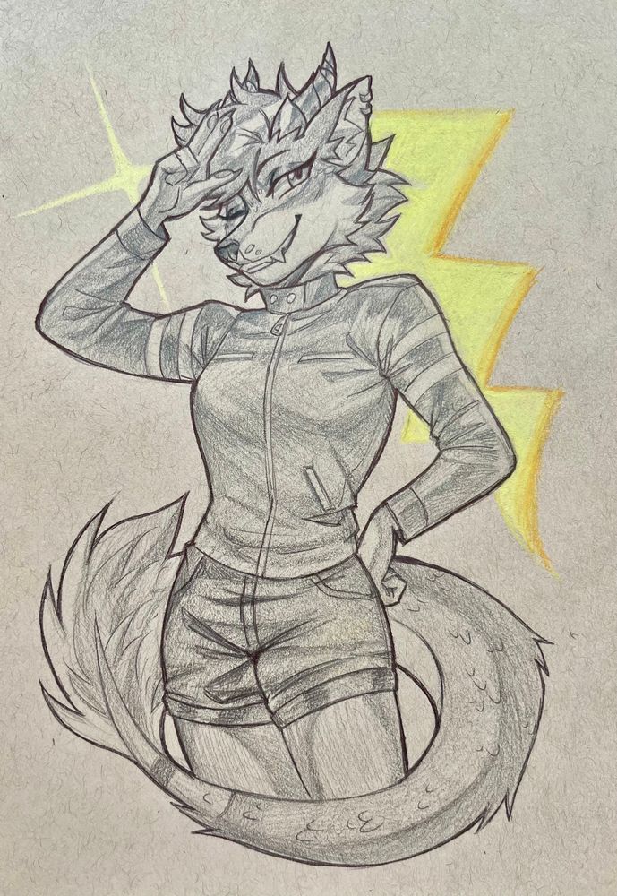 Traditional drawing of an anthro canine/dragon hybrid gal in a motorcycle jacket and shorts. She is winking at the viewer, and there is a decorative lightning bolt behind her