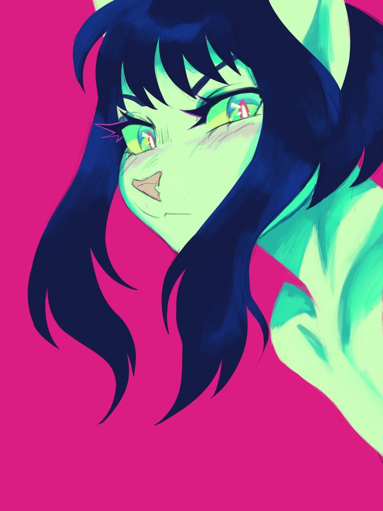 a bright experimental portrait of a light green cat with bright green/pink/blue eyes and black, ramona-flowers style hair. the background is a hot pink.