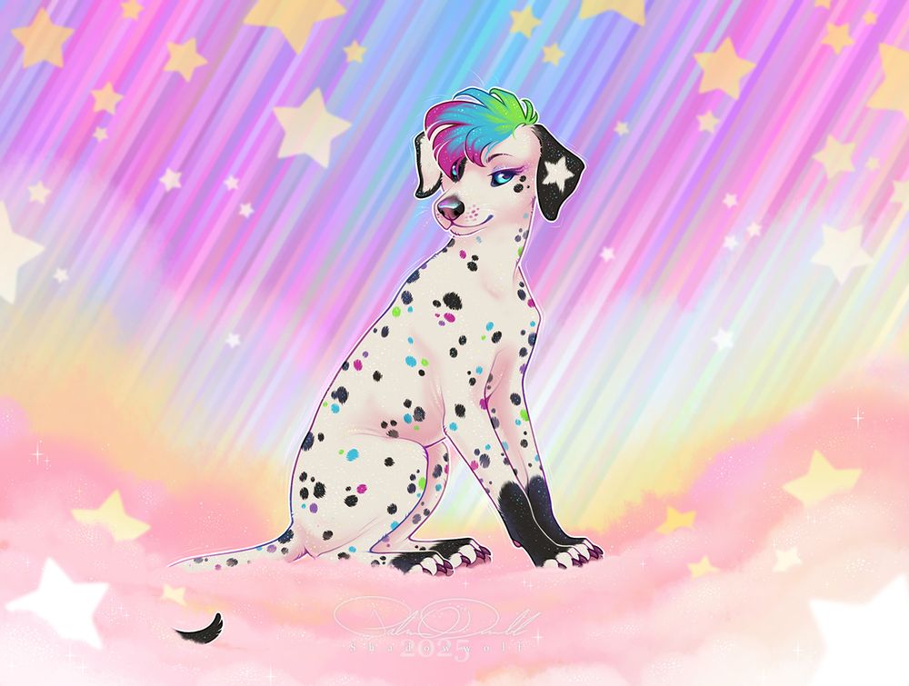 A digital drawing of a feral Dalmatian dog with black, cyan, purple, green, and magenta spots. She sits amidst some puffy pink clouds and a pastel rainbow background. She has a rainbow tuft of hair and she looks at the viewer with a confidence smirk and blue eyes. She has a white star shape on her otherwise black ear. Her name is Arlaithe. 