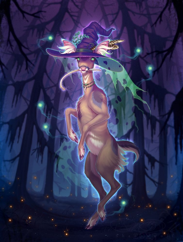 A digital drawing depicting a spooky deer standing up light and walking through an eerie forest. She wears a large witch hazel and carries a rib bone in her mouth. Fireflies and spooky glowing lights surround her. This creature is certainly magical. 