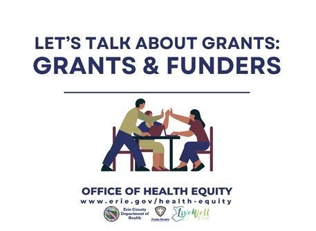 Cartoon-style drawing of three people giving each other high-fives over a desk with computers on it - text "Let's talk about grants - grants and funders" with the Erie County Department of Health Office of Health Equity logo and web site, erie.gov/health-equity