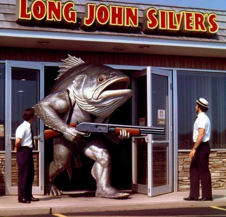 Ai generated picture of a fish walking out of a long john silver's with a shotgun 