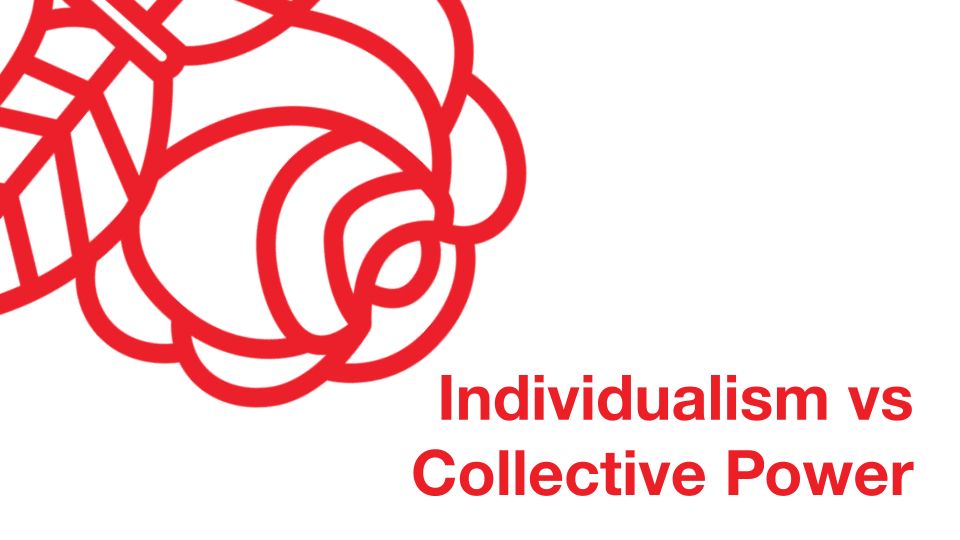 Individualism vs collective power on a white background. The DSA rosebud logo is in the top left corner, artfully placed. 