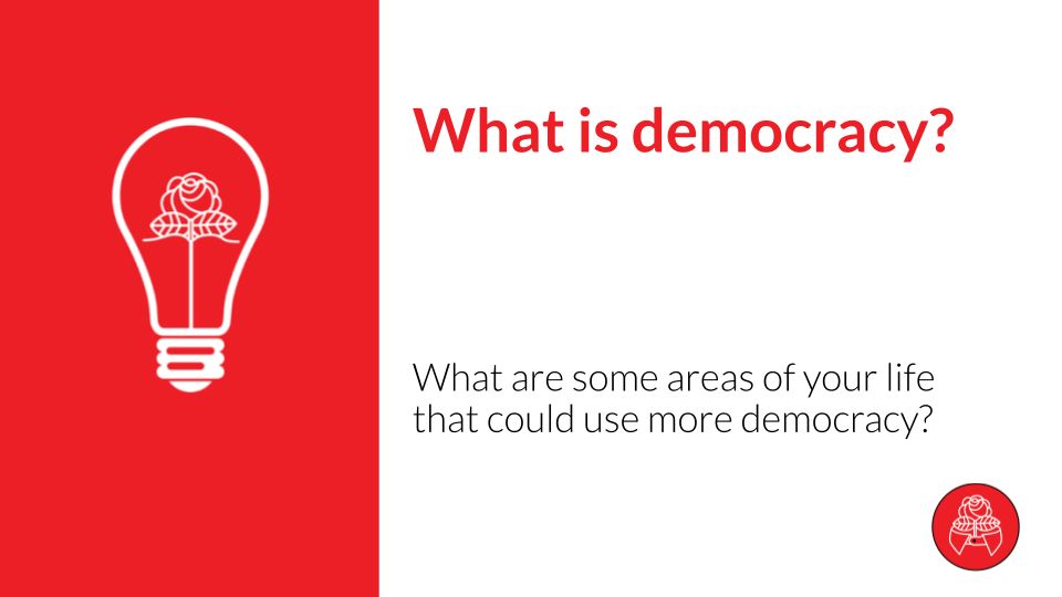 "What is democracy? What are some areas of your life that could use more democracy?"
An illustration of a a lightbulb with the DSA rosebud logo as the filament is drawn in white lines over a red background on the left side of the image. 