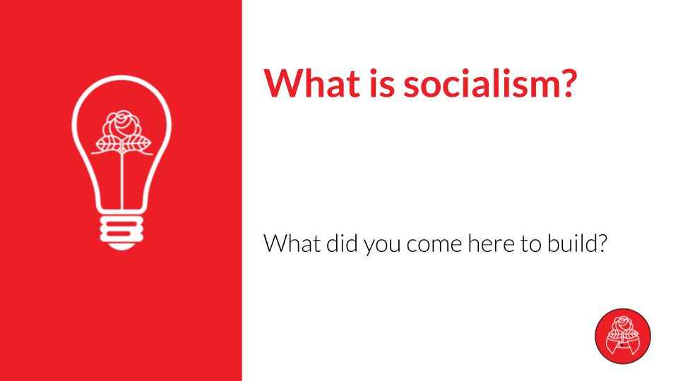 "What is socialism? What did you come here to build?"
An illustration of a a lightbulb with the DSA rosebud logo as the filament is drawn in white lines over a red background on the left side of the image. 