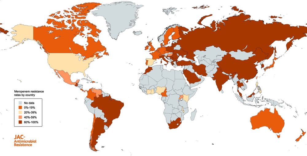 Map showing the global distribution of meropenem resistance rates, as described in Boutzoukas & Doi, The global epidemiology of carbapenem-resistant Acinetobacter baumannii, JAC-Antimicrobial Resistance, Volume 7, Issue 4, 2025, dlaf134, https://doi.org/10.1093/jacamr/dlaf134