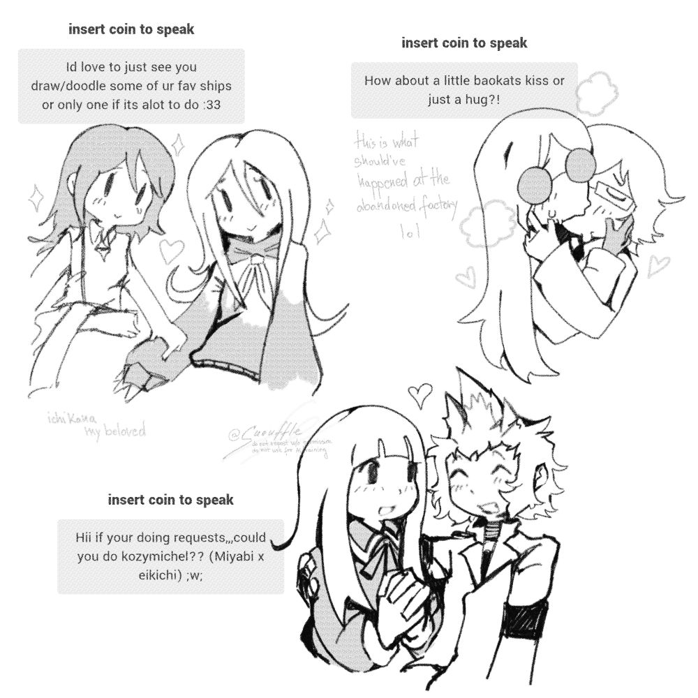 Various strawpage drawing requests (ship requests lol):
1. A fav ship of mine: Ichika x Kanade (pjsekai)
2. Katsuya x Baofu making out ('this is what should've happened at the abandoned factory lol') (P2)
2. Eikichi x Miyabi (P2)