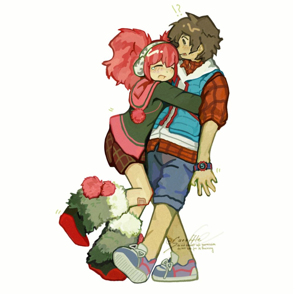 Clover happily hugging Junpei who is surprised (characters from zero escape 999). Clover has tears in her eyes.