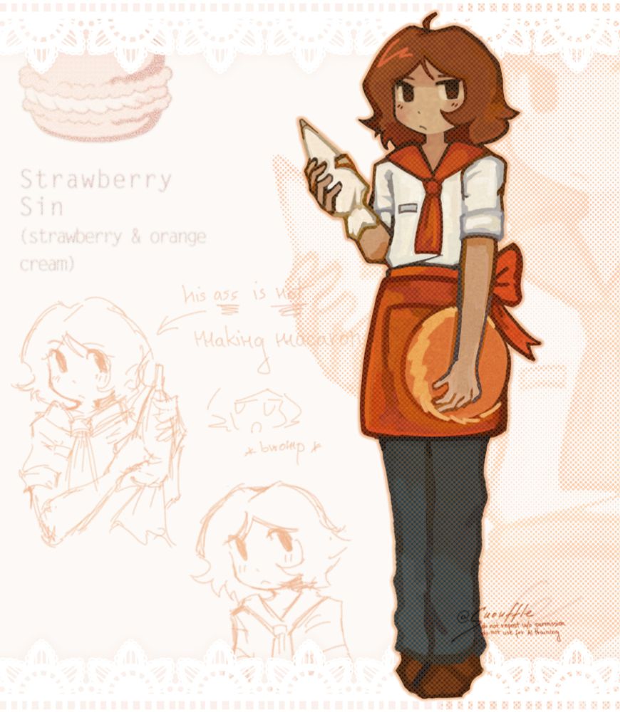 Fanart of Tatsuya (P2) holding a cream piping bag and a comically large macaron (with 'strawberry sin' flavour). In the background there's multiple sketches of Tatsuya ('his ass is not making macarons') and some info about the strawberry sin macaron taken from the honey & butter x persona collab that was held in 2022 (strawberry sin: strawberry & orange cream).