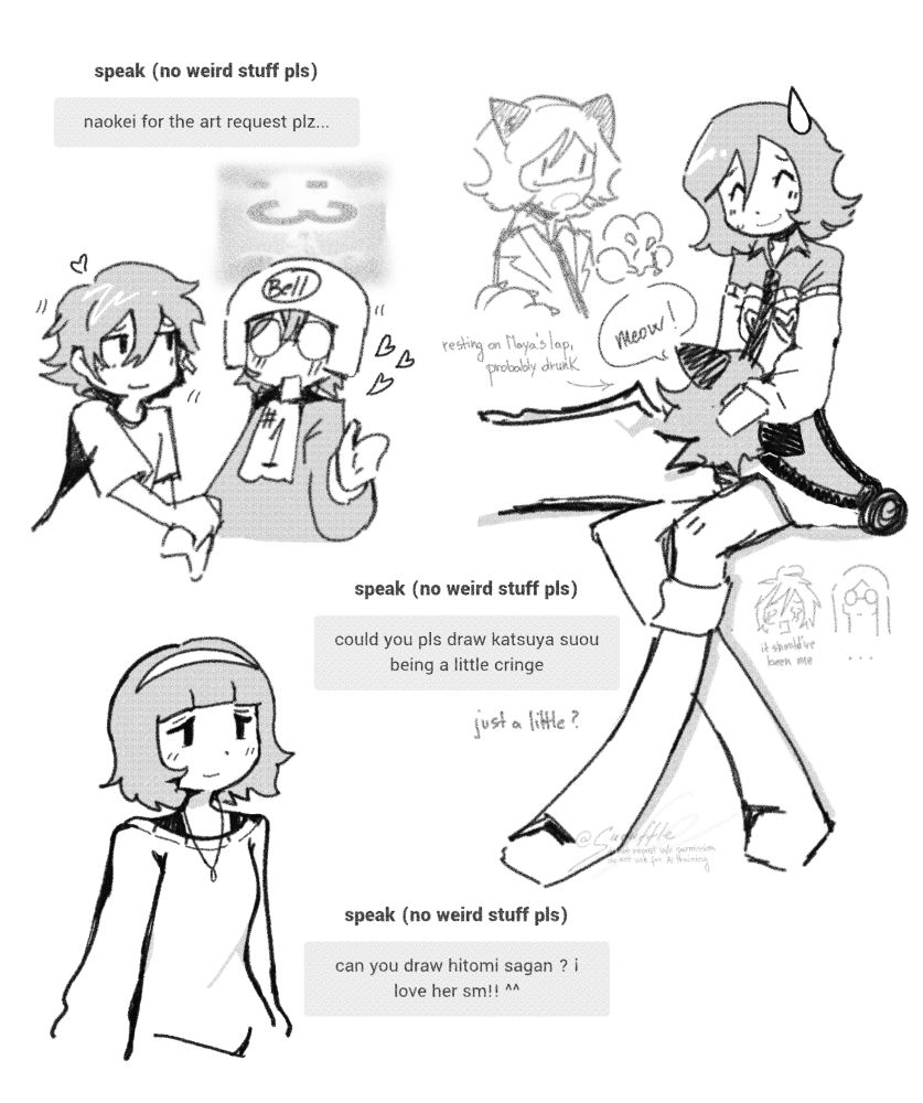 1. A sketch of Naokei bonding time: Naoya grabbing Nanjo's hand, Nanjo blushing hard, exploding of happiness (P1 but they're both adults so this interaction is placed in the P2 timeline)
2. A sketch of Katsuya being 'just a little cringe' aka resting on Maya's lap, probably drunk, dressed like a cat and meowing. Ulala and Baofu are watching from the back: Ulala wants to rest on Maya's lap too 🥺, Baofu watches the whole thing in silence (P2)
3. A sketch of Hitomi Sagan (AITSF)