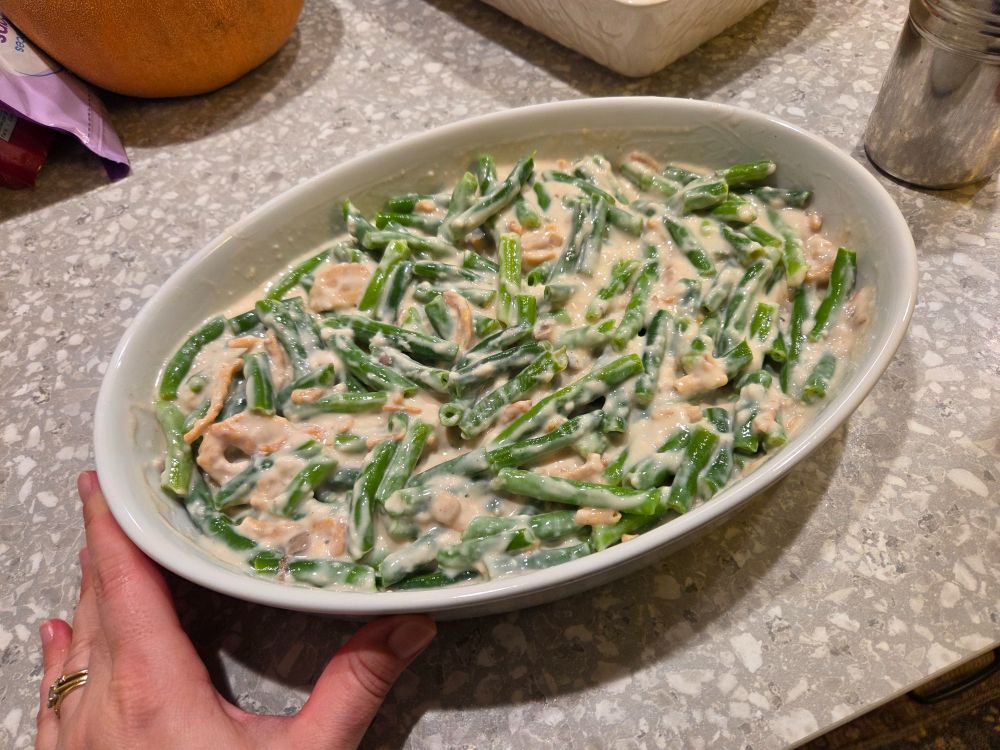 The assembled casserole going in the oven. On the actual day it'll be topped with more fried onions and rewarmed. I hope it's good?