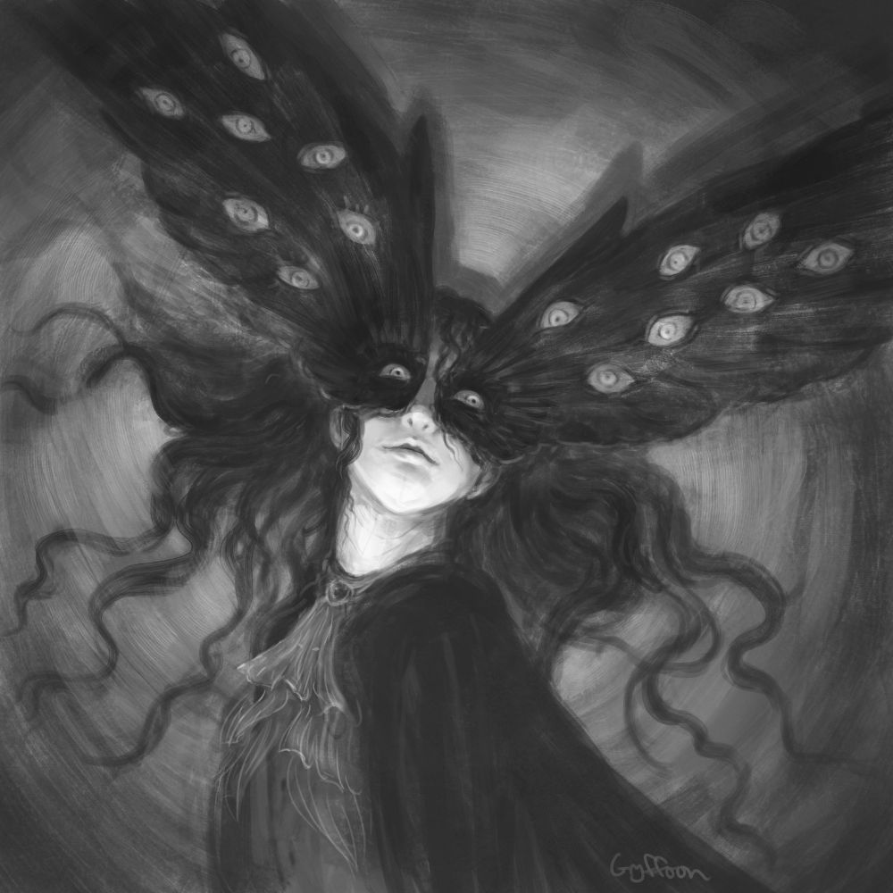 Grayscale character portrait of a figure posed looking slightly upwards, wearing a black cloak, with long wild dark hair, and a mask like large black wings dotted with eyes