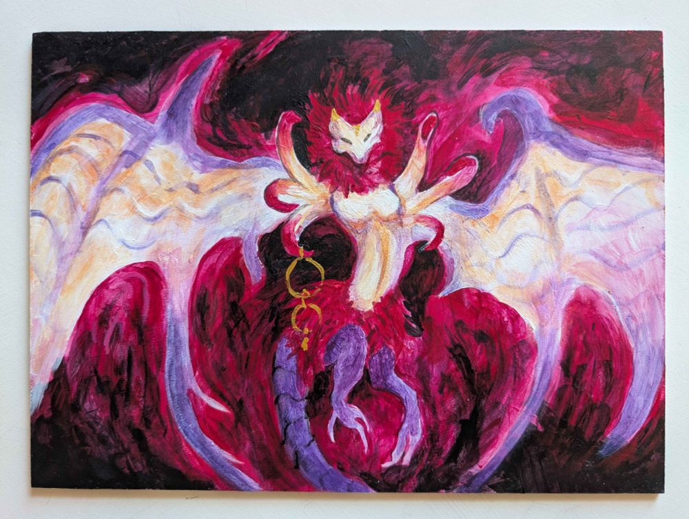 photograph of an acrylic painting of Valefor from FFX, facing the camera with wings spread out. The background is abstract and brushy, in black and intense pink