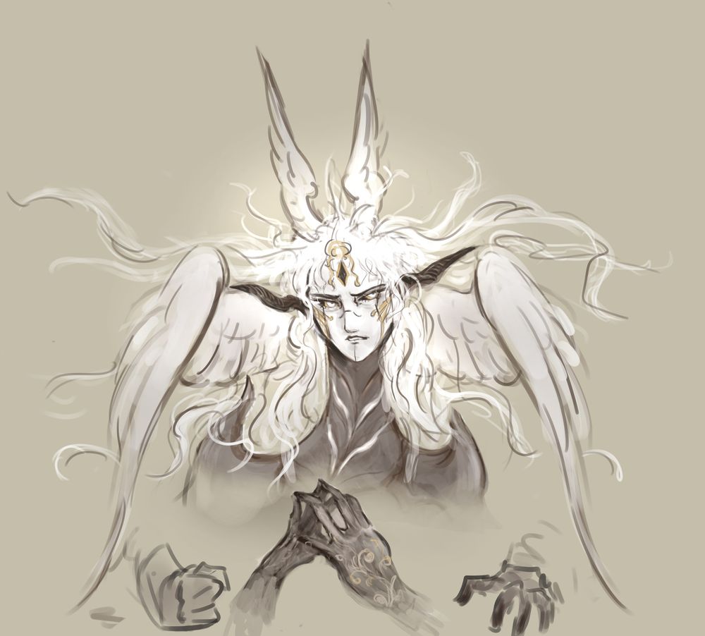 digital drawing of a biomechanical angel with a very long neck, four headwings, and black horns. It has a slightly concerned expression, and its four hands are posed in frustration