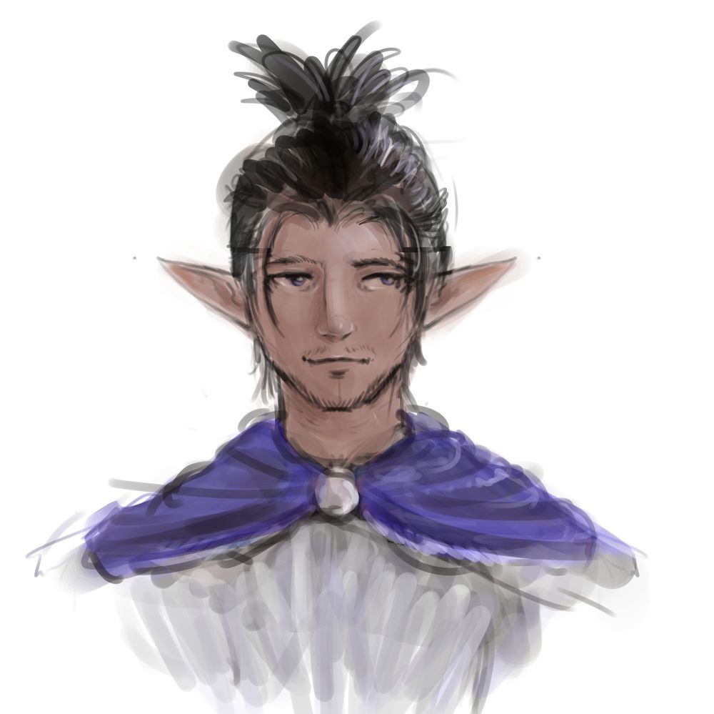 Digital painted sketch of an elf with black hair tied in a messy ponytail, wearing an indigo cloak