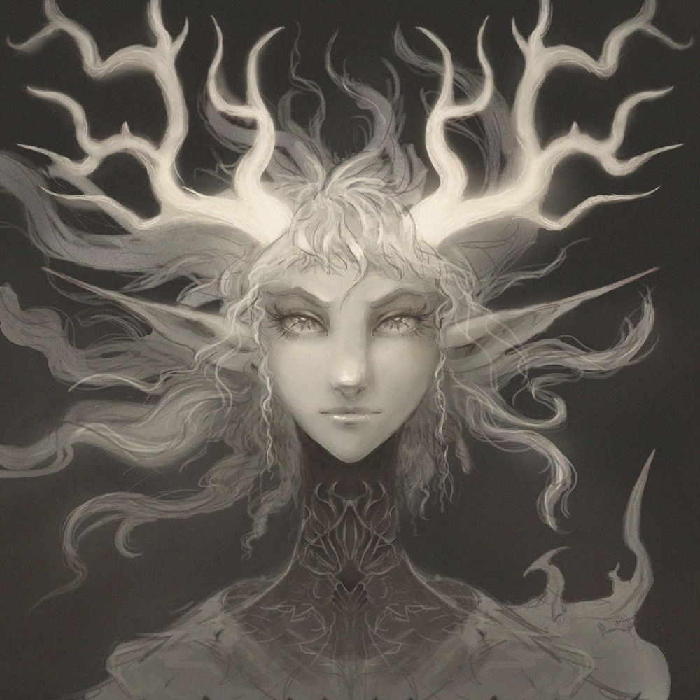 Sepia toned portrait of an elf with luminous antlers and flowing hair