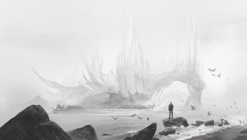 digital landscape illustration of a humanoid figure standing on a rocky shore, looking out across the water at an island with strange crystalline geography, partially shrouded in mist