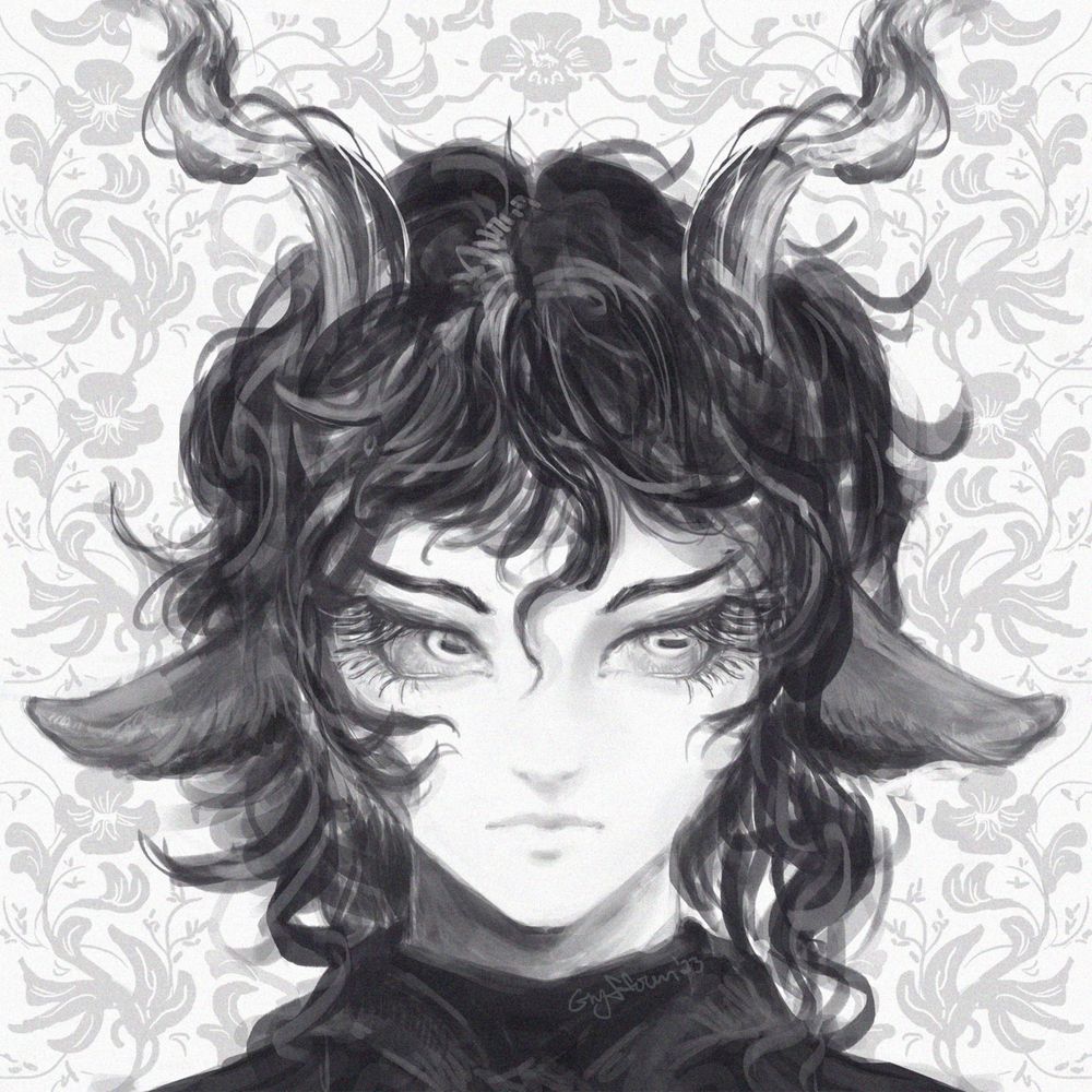 grayscale portrait of Ebenholz from Arknights, with a floral wallpaper pattern in the background. He has horizontal goat pupils