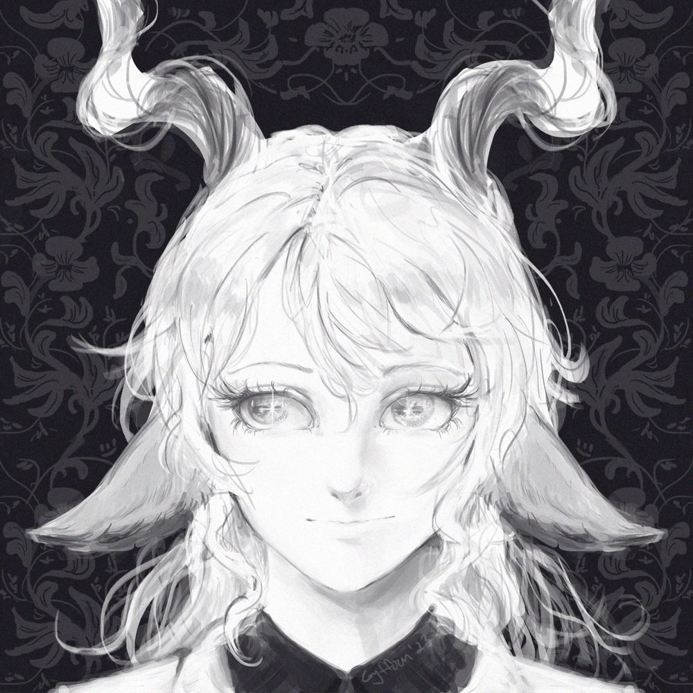 grayscale portrait of Kreide from Arknights. There is a dark floral wallpaper pattern in the background. He has horizontal goat pupils and sparkly eyes
