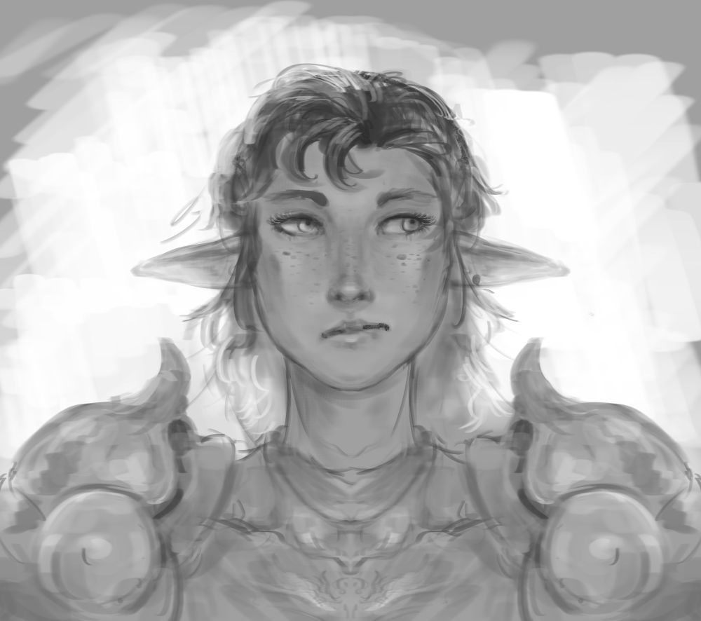 Grayscale digital loose portrait painting of an armor-wearing elf with dark hair looking off to the side with a slightly disgruntled expression 