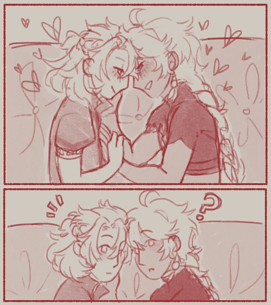 Panel 1: Albedo and Aether have a sweet moment sitting together, snuggled close
Panel 2: Something catches their attention, interrupting the moment