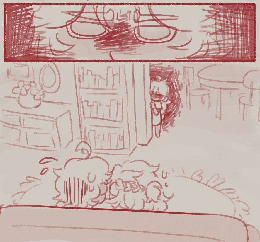 Panel 3: A close up of angry judgemental eyes
Panel 4: It's Vesper, glaring knives in Aether's direction while hiding around a corner. How dare he lay his paws on their parent?