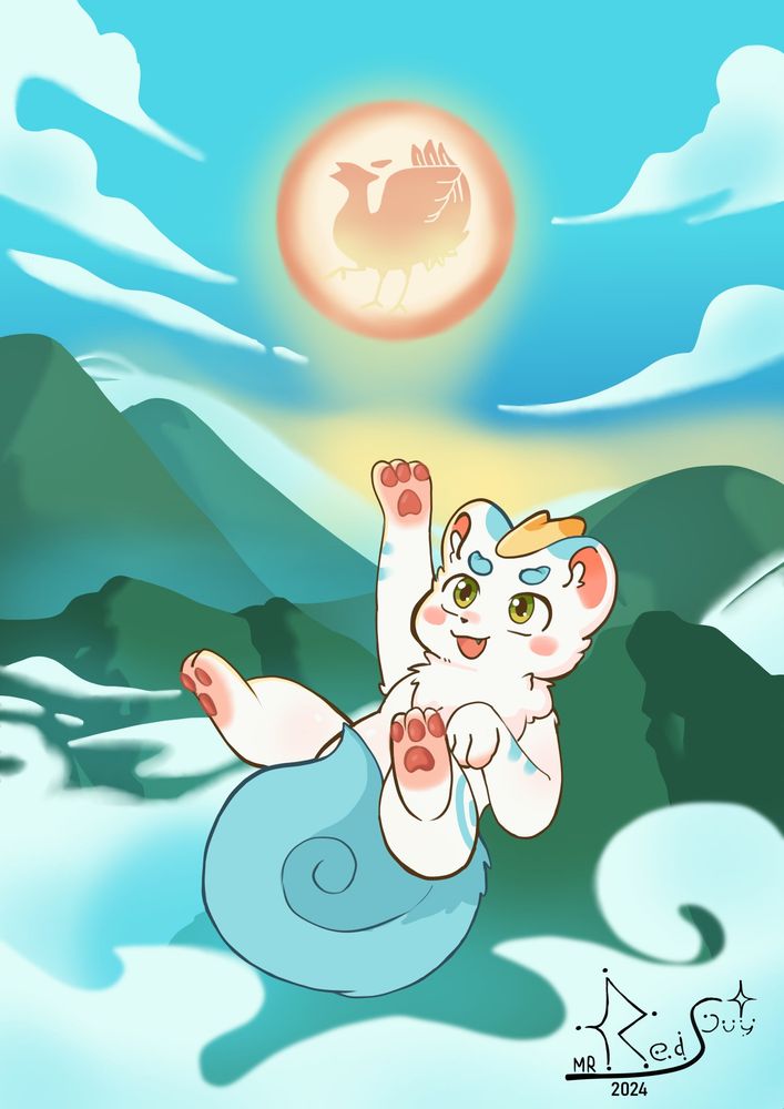 Repost of recent fan art I did of Pixiu from Fabulous Beasts trying to reach the sun in the sky, with a mountainous and cloudy background.