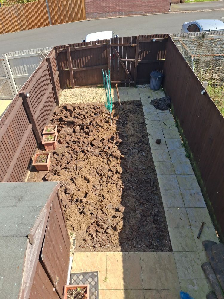 Photo of garden from above. Exposed soil in clumps