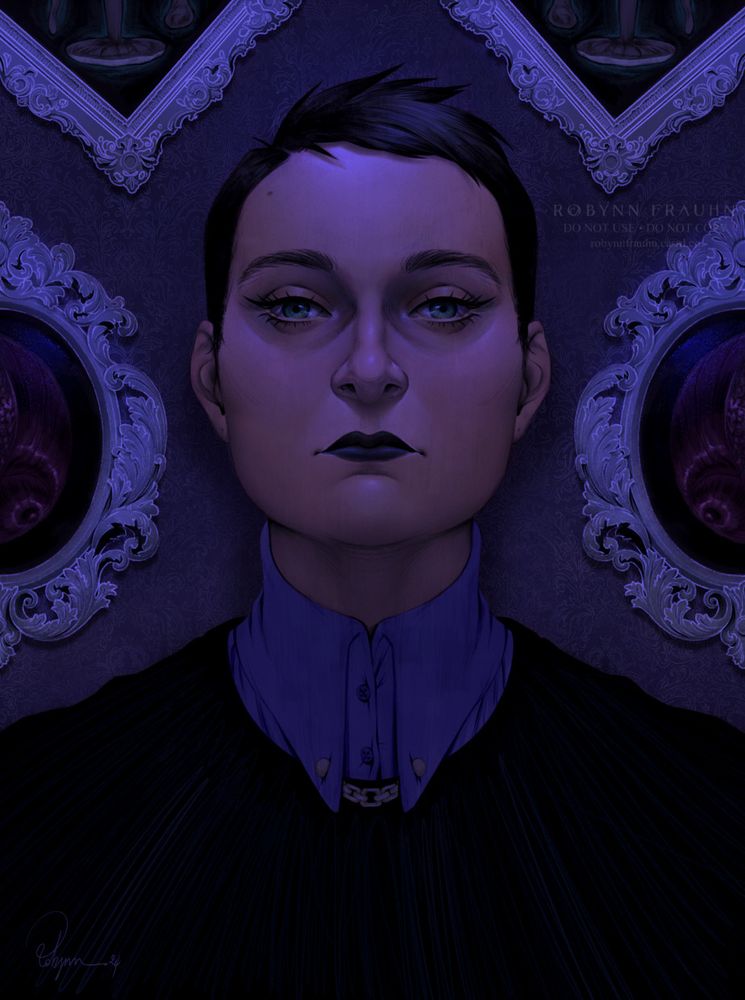 Self portrait in front of a wall filled with snail and mushroom frames. Everything is under black/purple light.