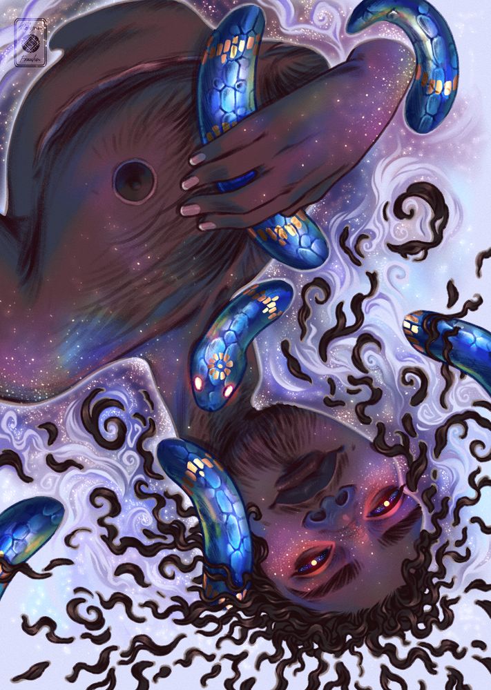 A trans man into a milky water where his stars melt to. A blue and golden snake is wrapped around him. A bright red sun is brightening in his eyes.