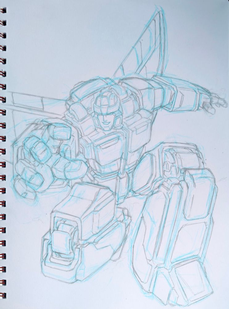 Blueline and pencil sketch of Generation 1 Astrotrain in a foreshortening pose