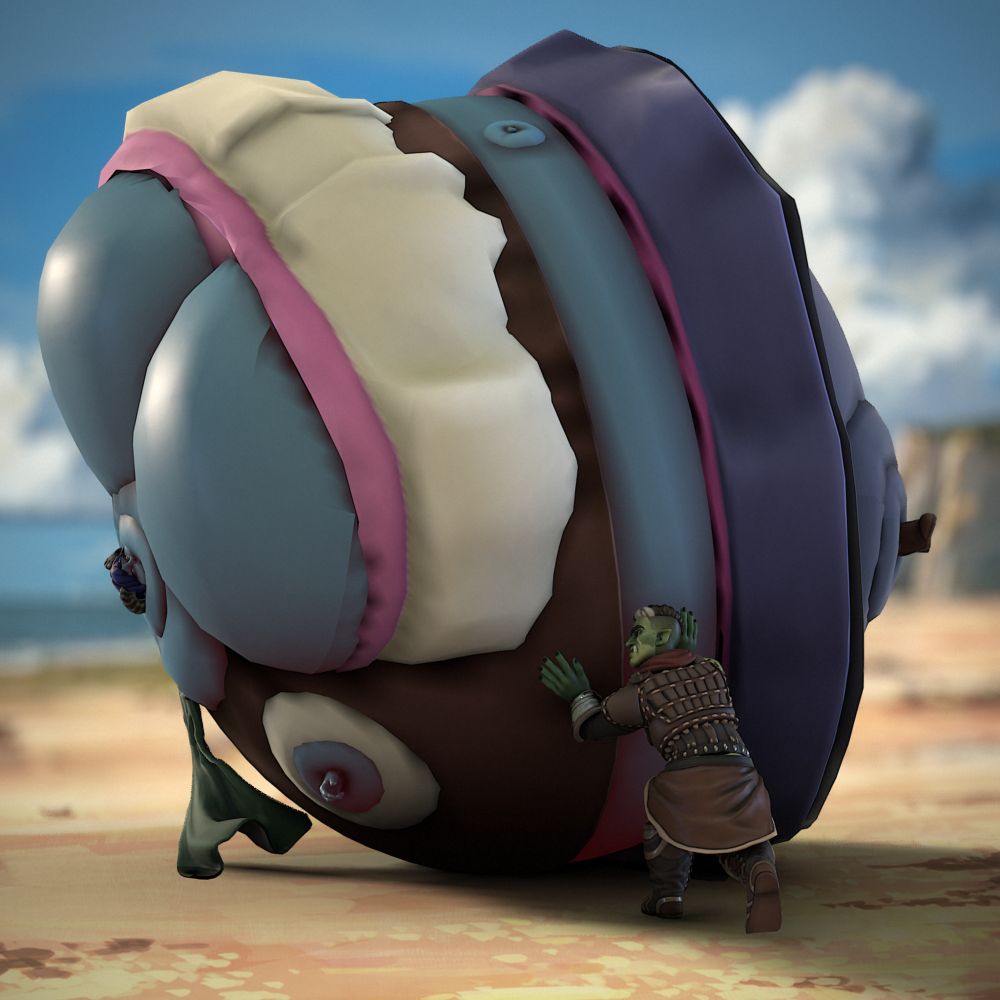 Jester Lavorre from Critical Role, inflated like a huge balloon at the beach. She is rolling on her side, being pushed by Fjord.