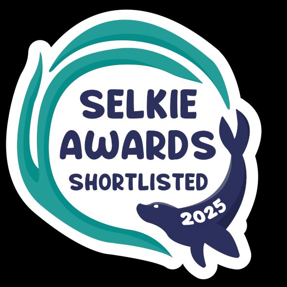 Logo: "Selkie Awards - Shortlisted 2025" bordered by teal seaweed and an indigo seal