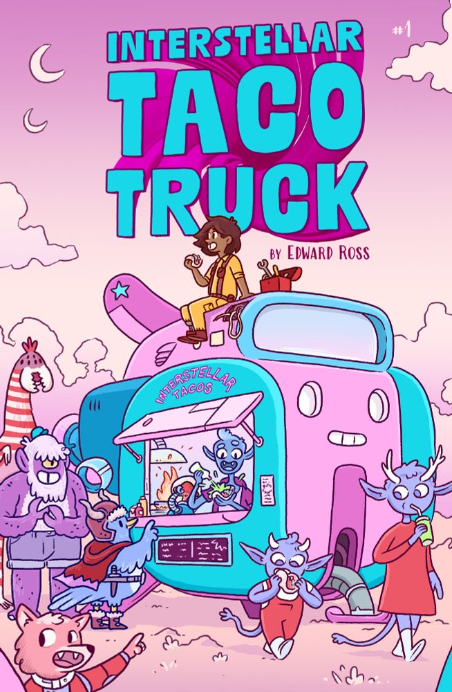 Cover for Interstellar Taco Truck #1 by Edward Ross.

A colourful illustrated image in a fun, cartoony style. We see a dinky spaceship painted neon pink and blue, landed on a dusty planet. The ship is shaped a bit like a taco, with a smiling face in its headlights and front grill. A queue of alien customers line up - a barbarian bird, a hairy cyclops-sasquatch thing, and so on. Through the access hatch we see the kitchen inside - Kit a bequiffed, elf-like alien skooshes green sauce on a taco. Behind him a robotic fungi panics over a flaming stove. Atop the ship sits human girl Ari who wears yellow overalls and is munching a taco, next to her trusty toolbox.