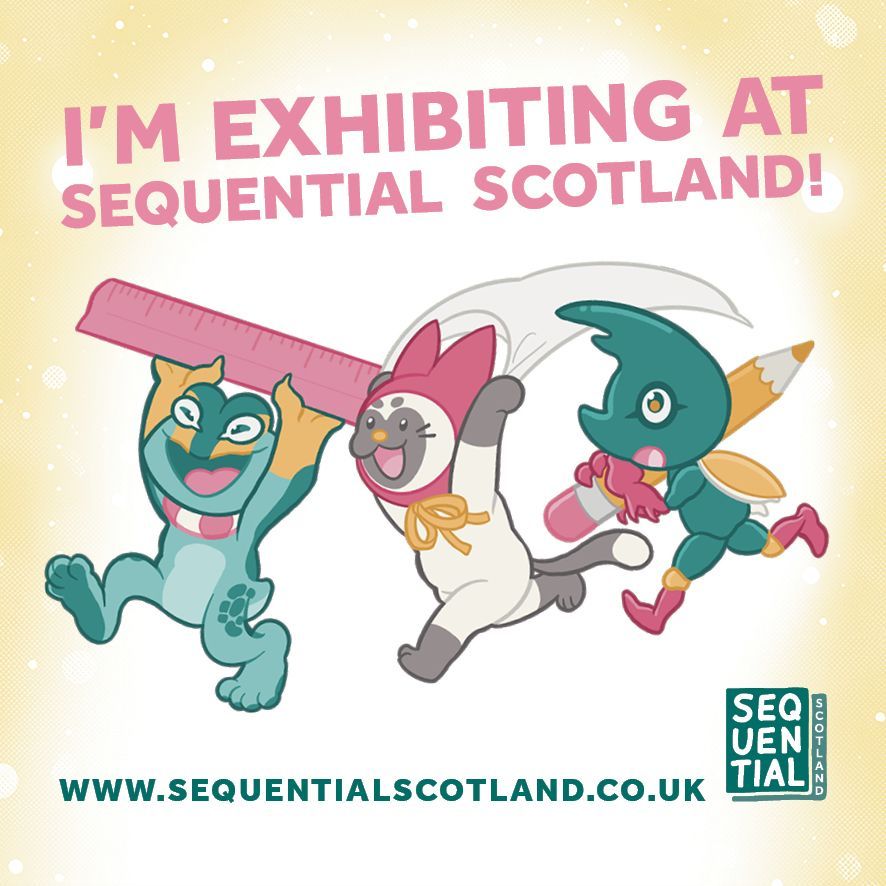 Art by Sequential Sctoland Comic Convention: Text reads "I'm exhibiting at Sequential Scotland! - www.sequentialscotland.co.uk"

We see stylised, cute animal figures - a green frog smiling and carrying a ruler, a white cat with a red bonnet waving a table cloth, a green beetle or insect carrying a large pencil.