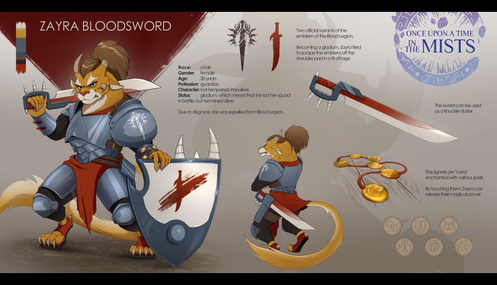 Charr guardian, red fur, heavy armor, character design