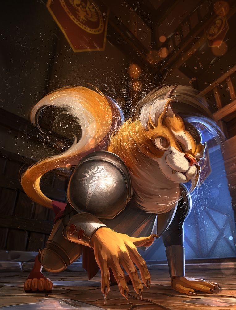 Red-fur charr in armor (furry) shakes off water