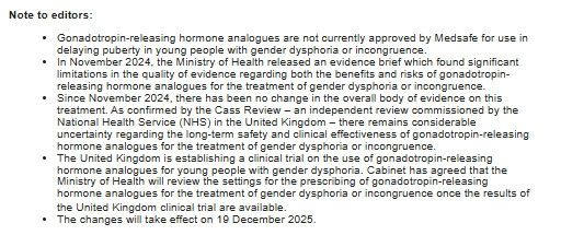 Notes to editors from the NZ puberty blocker ban. The last note is that the changes take effect on the 19th December 2025