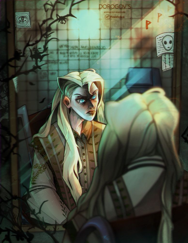 it's public bathroom; the guy sits in a wheelchair in front of the mirror and looks at himself with anger and sadness, the warm light of ?hope? comes from the right corner