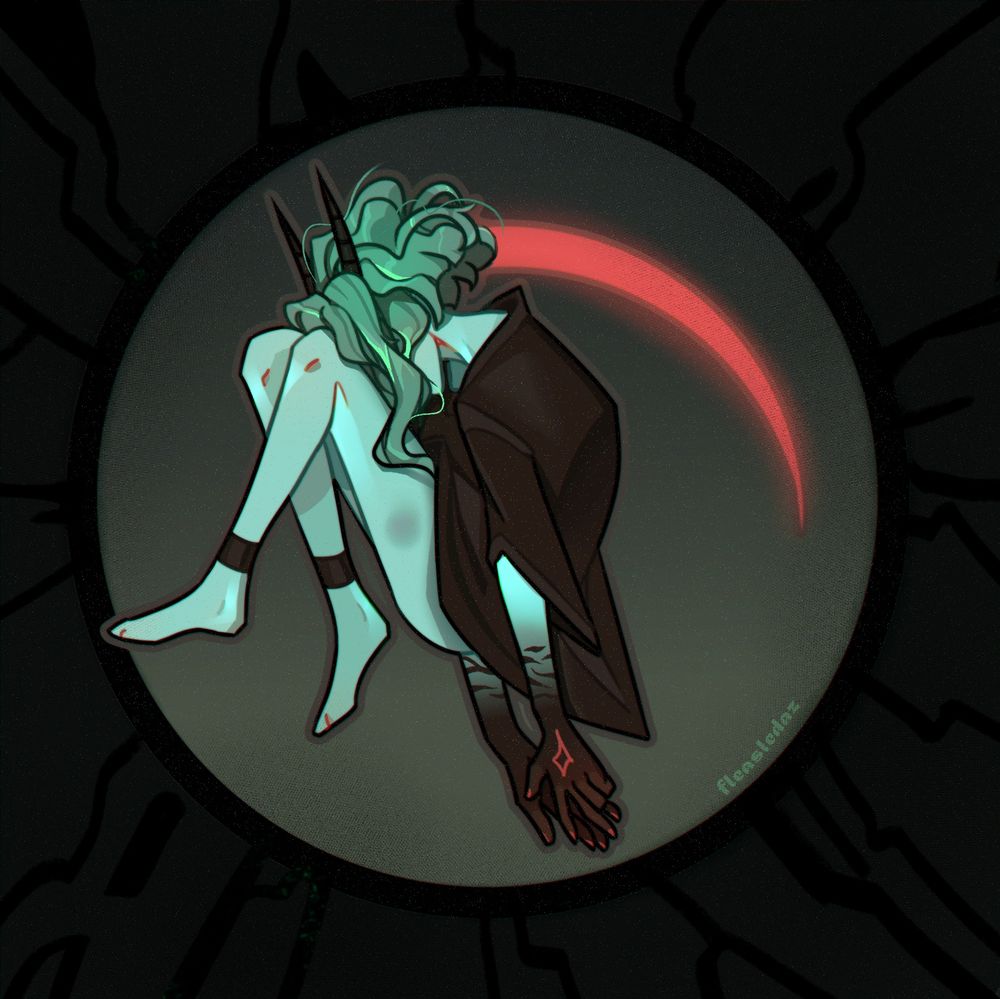 digital illustration of my oc! the demon girl buried her face in her lap