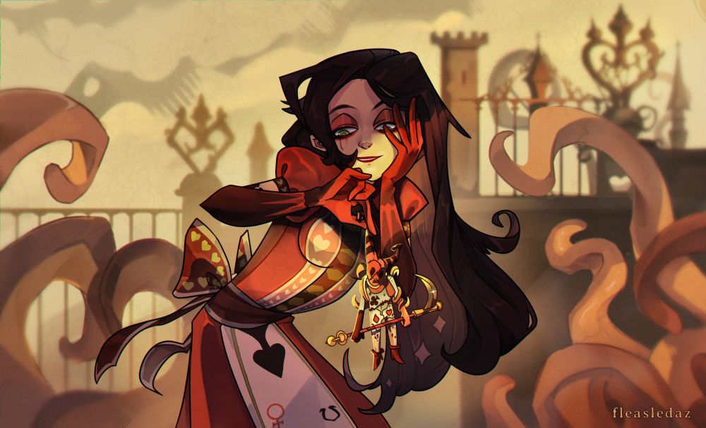 a digital fan art illustration of ''alice: madness returns'' game. this is queensland; there's  queen of hearts castle behind. alice has grown up after eating a cake and she holds the executioner; they are surrounded by queen's tentacles
