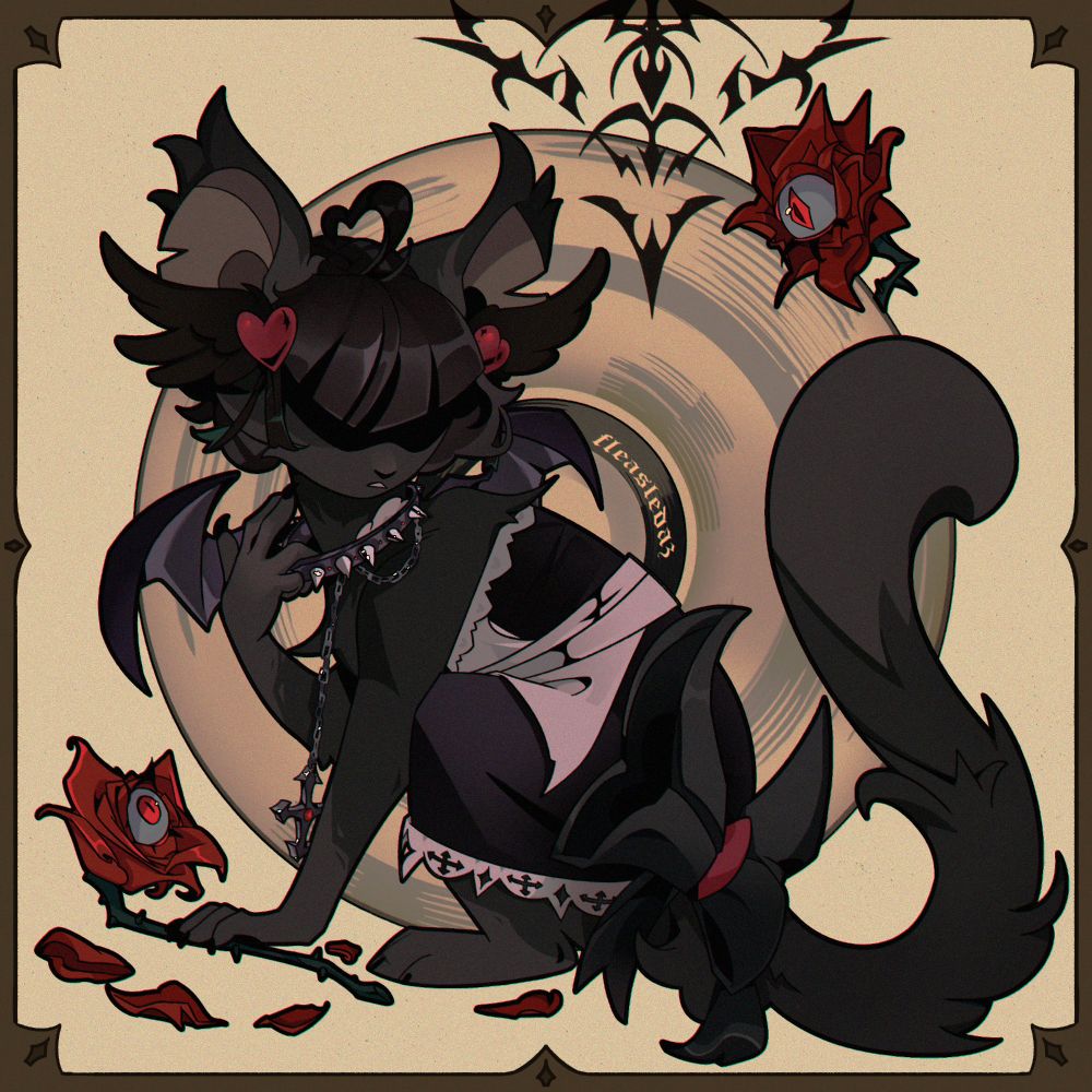a digital illustration of the mouse with cat tail! the design was made by emmisai in transformice game. behind the character there is a vinyl record and roses with eyes in the center.