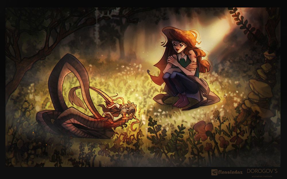 digital illustraton to the book ''The Gray House'':   the red-haired girl and the dragon are in the forest; warm light comes from behind
