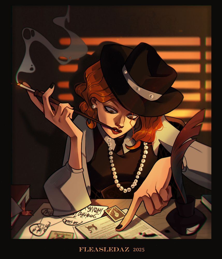 a digital illustration of a woman dressed in noir style. she smokes  a cigarette through a cigarette holder and research some documents and newspapers. the illustration looks like a poster and it’s made in warm tones.