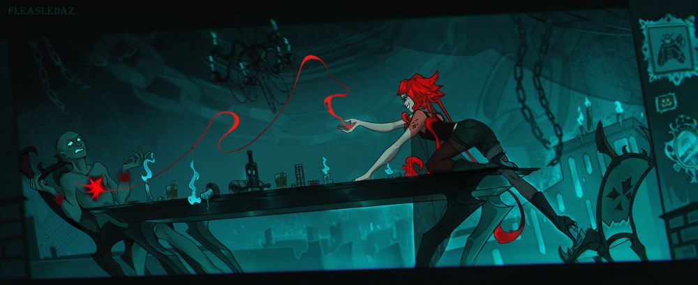 a  digital illustration of my original character bloody jellyfish (human version), who takes blood from a man after winning a card game. a view comes from the scared person hiding behind the shelves. the entire illustration is made in blue and red hues